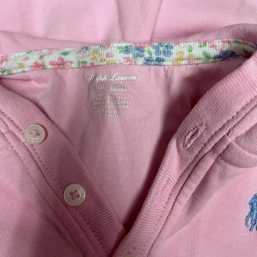 Ralph Lauren Girl Puff Sleeve Hooded Half Button Front Mini Dress Pink Size 18M
